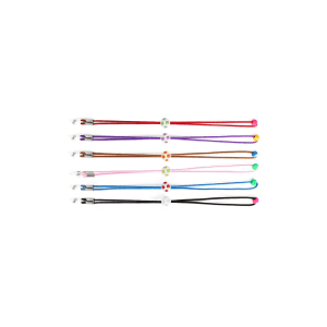 Cordão elástico para óculos infantis. Disponível em várias cores e formato de flor e bola de futebol.