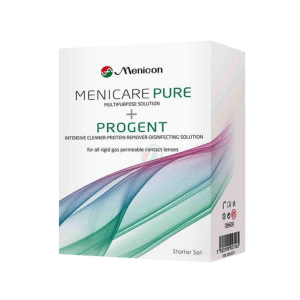 Kit Menicare Pure 70 ml + Progent – solução única para limpeza e desinfeção de lentes de contacto rígidas RGP + Tratamento complementar de limpeza intensiva mensal